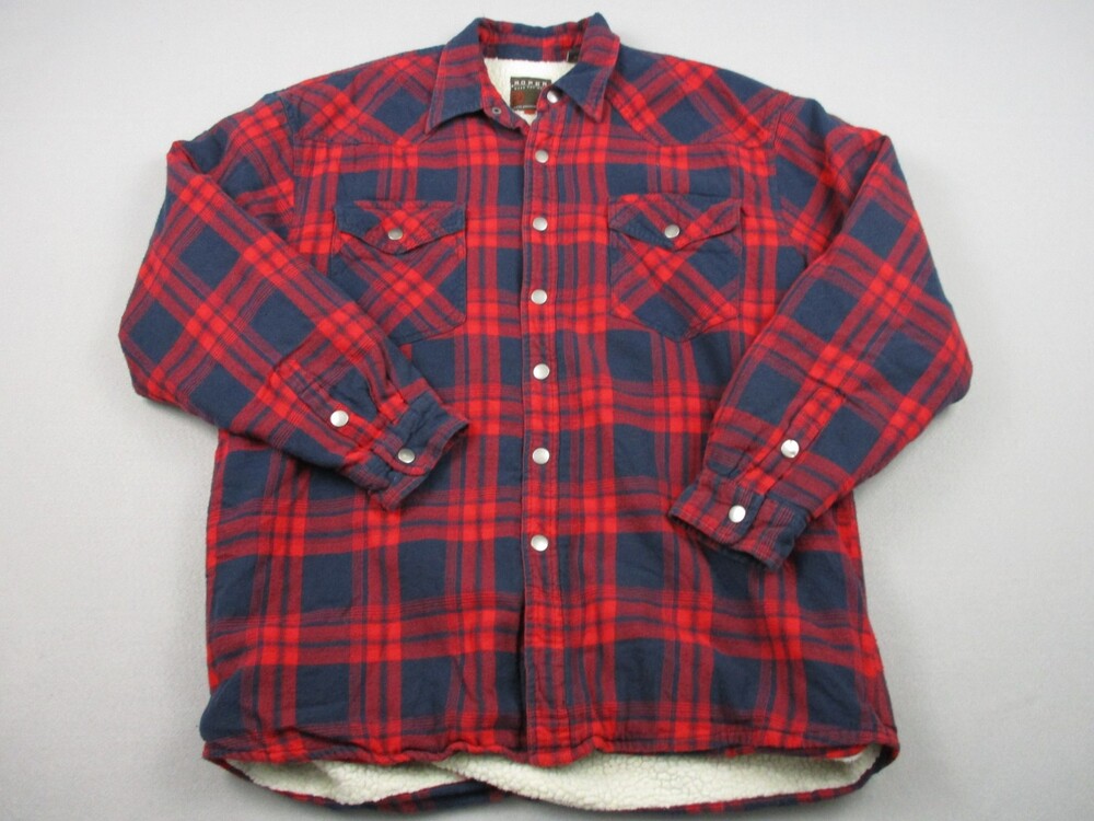 Roper Shirt Jacket Men Large Red Blue Plaid Heavyweight Flannel Shacket Lining L